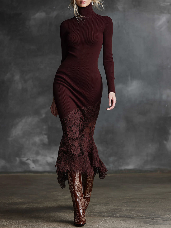 Edeltraud - Elegantes Maxikleid Western aus Strick mit Einsätzen aus Spitze