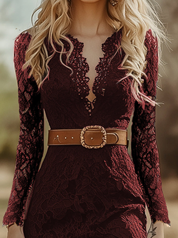 Telse - Midikleid Western im Retro-Stil aus Spitze mit V-Ausschnitt und Einsätze aus Spitze