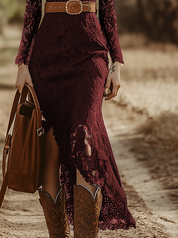 Telse - Midikleid Western im Retro-Stil aus Spitze mit V-Ausschnitt und Einsätze aus Spitze
