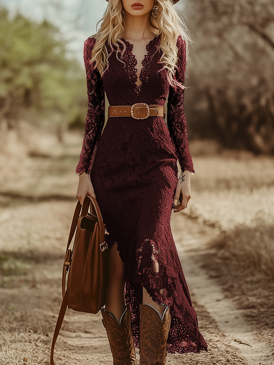 Telse - Midikleid Western im Retro-Stil aus Spitze mit V-Ausschnitt und Einsätze aus Spitze