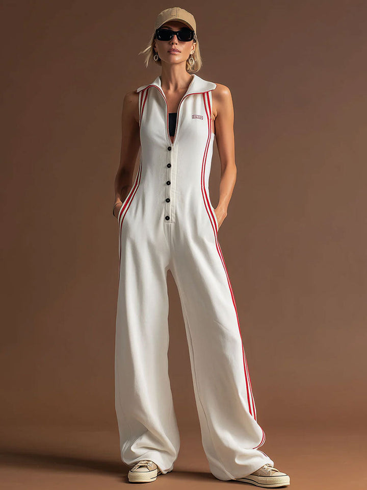 Sophie - Overall Western im Retro-Stil aus technischem Gewebe gestreift mit V-Ausschnitt und ärmellosem Schnitt