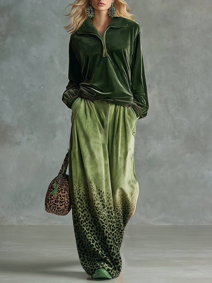 Lilli - Hosen-Ensemble Western im Retro-Stil aus Samt Leopardenmuster mit Reißverschluss