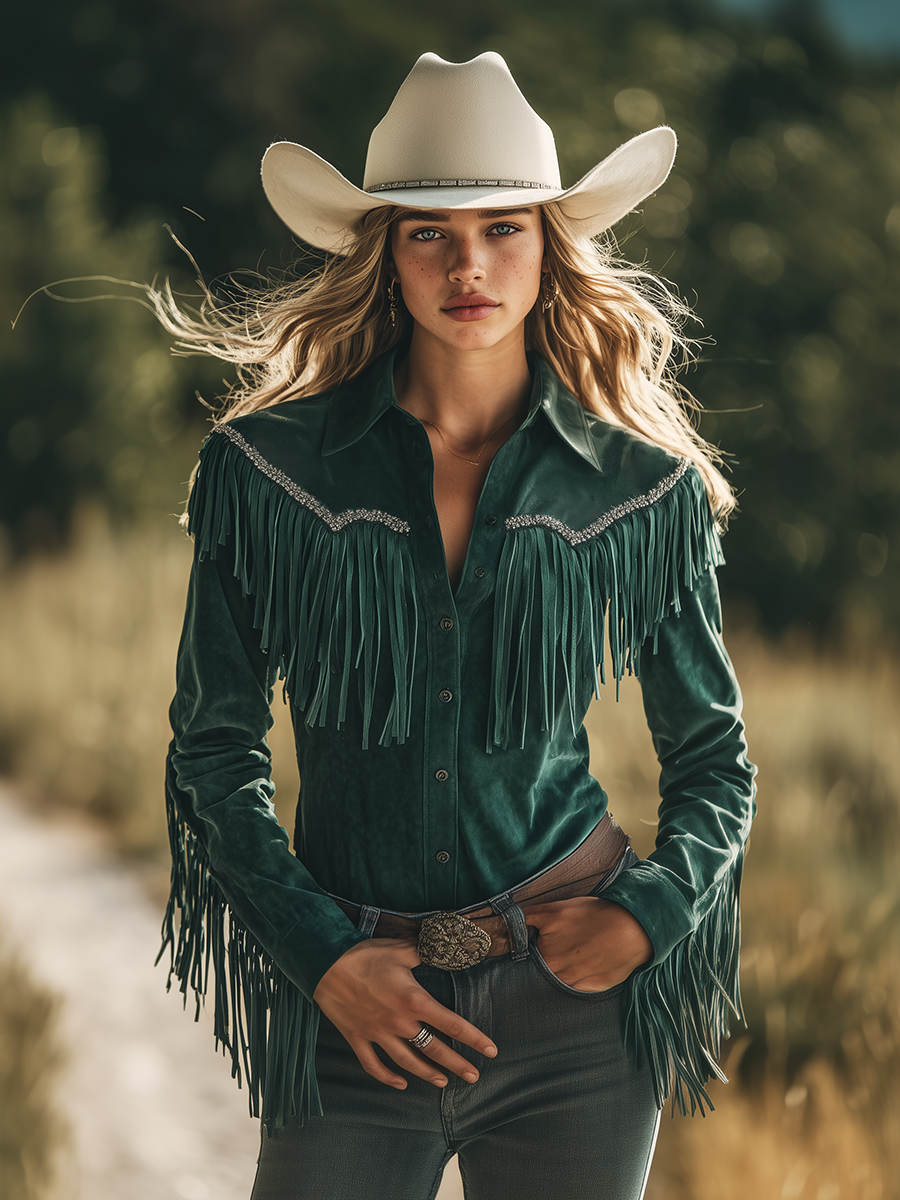 Frauke - Bluse Western im Retro-Stil aus Kunstwildleder mit Fransen und Kragen mit Linie feminin