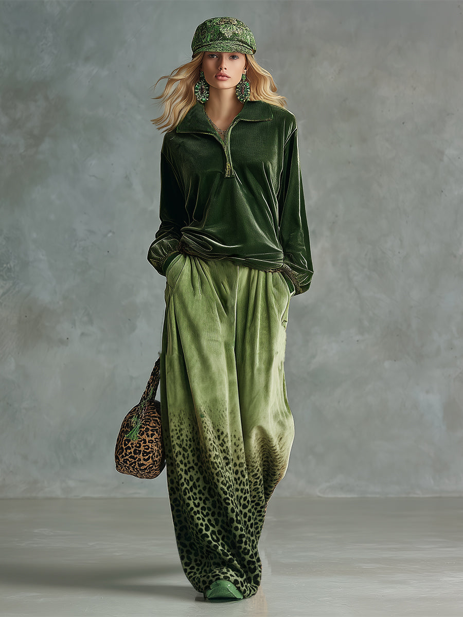 Lilli - Hosen-Ensemble Western im Retro-Stil aus Samt Leopardenmuster mit Reißverschluss