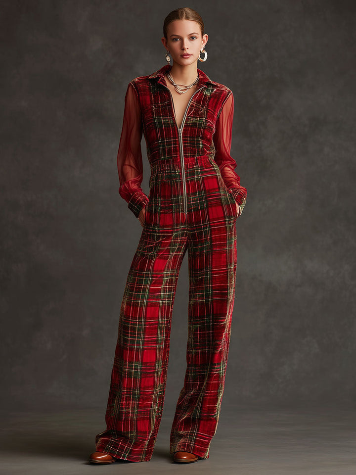 Selina - Overall Retro für besondere Abende aus Samt kariert mit V-Ausschnitt und Einsätze durchbrochene Details