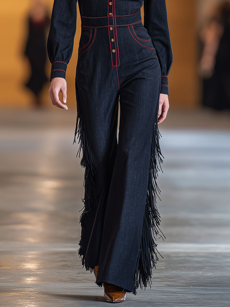 Lene - Overall Western im Retro-Stil aus Jeansstoff gestreift mit Fransen und V-Ausschnitt