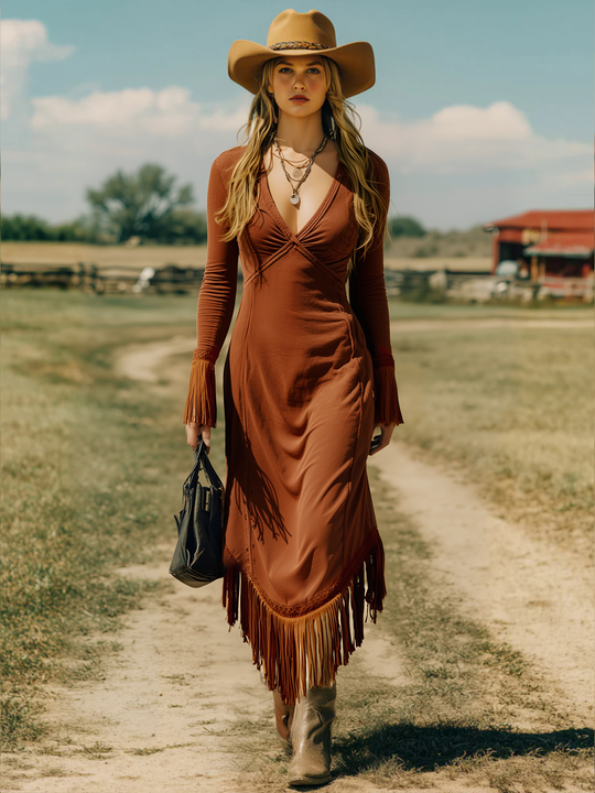 Frida - Midikleid Western im Retro-Stil aus Leinen mit Fransen und V-Ausschnitt