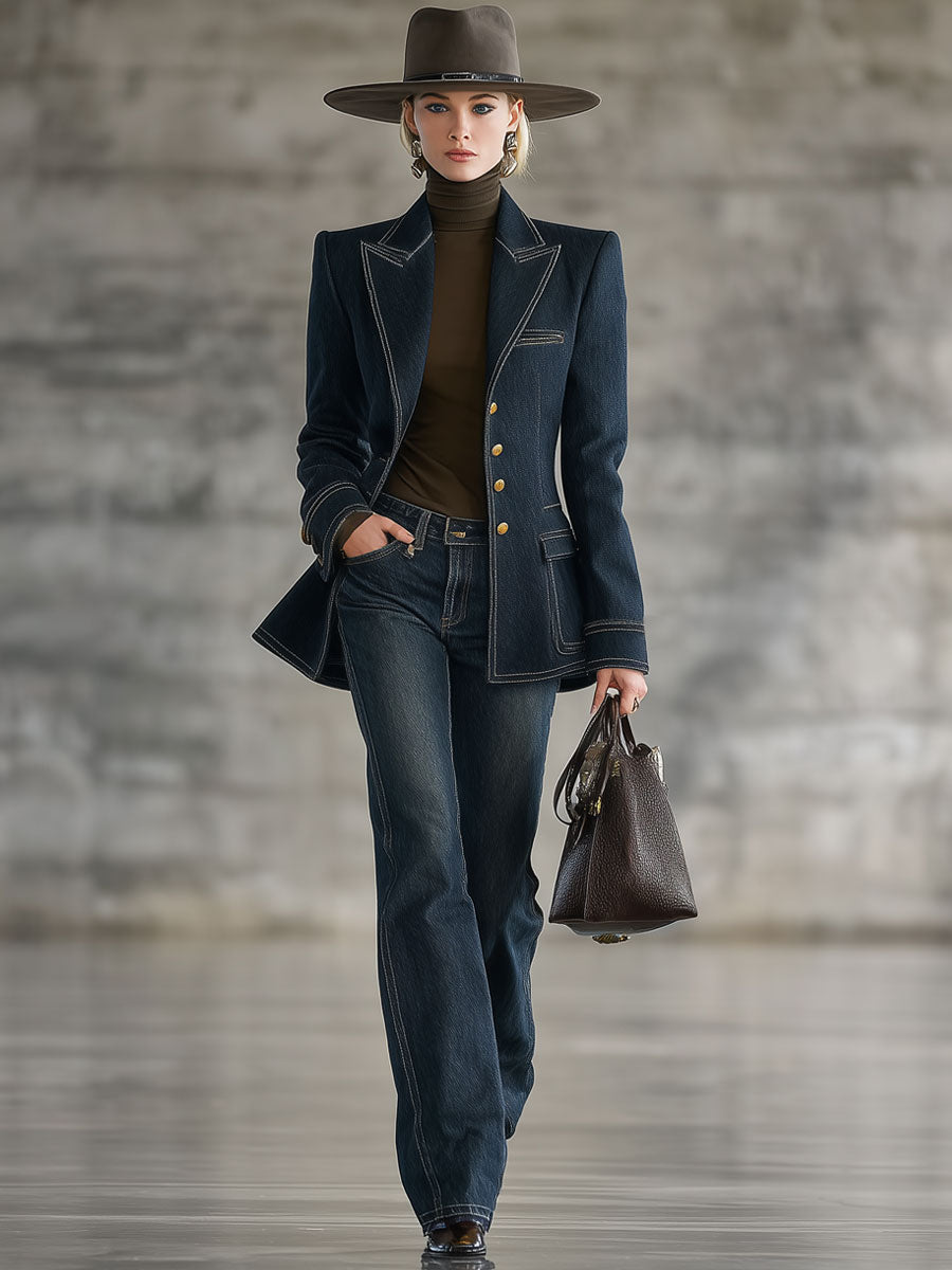 Daniela - Jacke Western im Retro-Stil aus Jeansstoff gestreift mit V-Ausschnitt