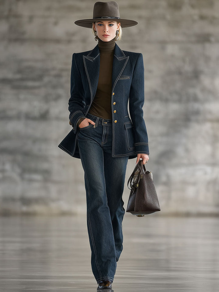 Daniela - Jacke Western im Retro-Stil aus Jeansstoff gestreift mit V-Ausschnitt