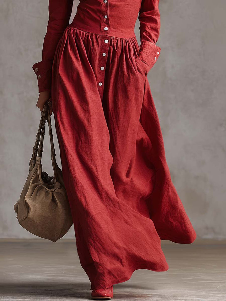 Malea - Maxikleid Western im Retro-Stil aus Leinen mit Kragen und Knöpfen