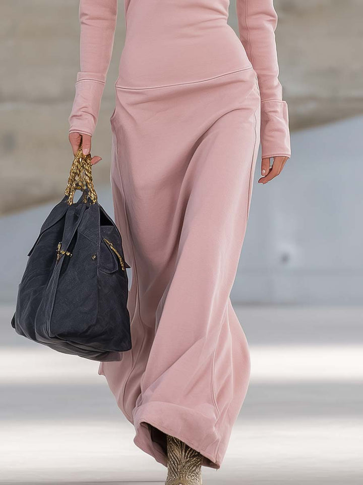 Erika - Elegantes Maxikleid Retro aus technischem Gewebe mit Reißverschluss und V-Ausschnitt