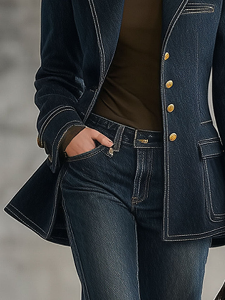 Daniela - Jacke Western im Retro-Stil aus Jeansstoff gestreift mit V-Ausschnitt