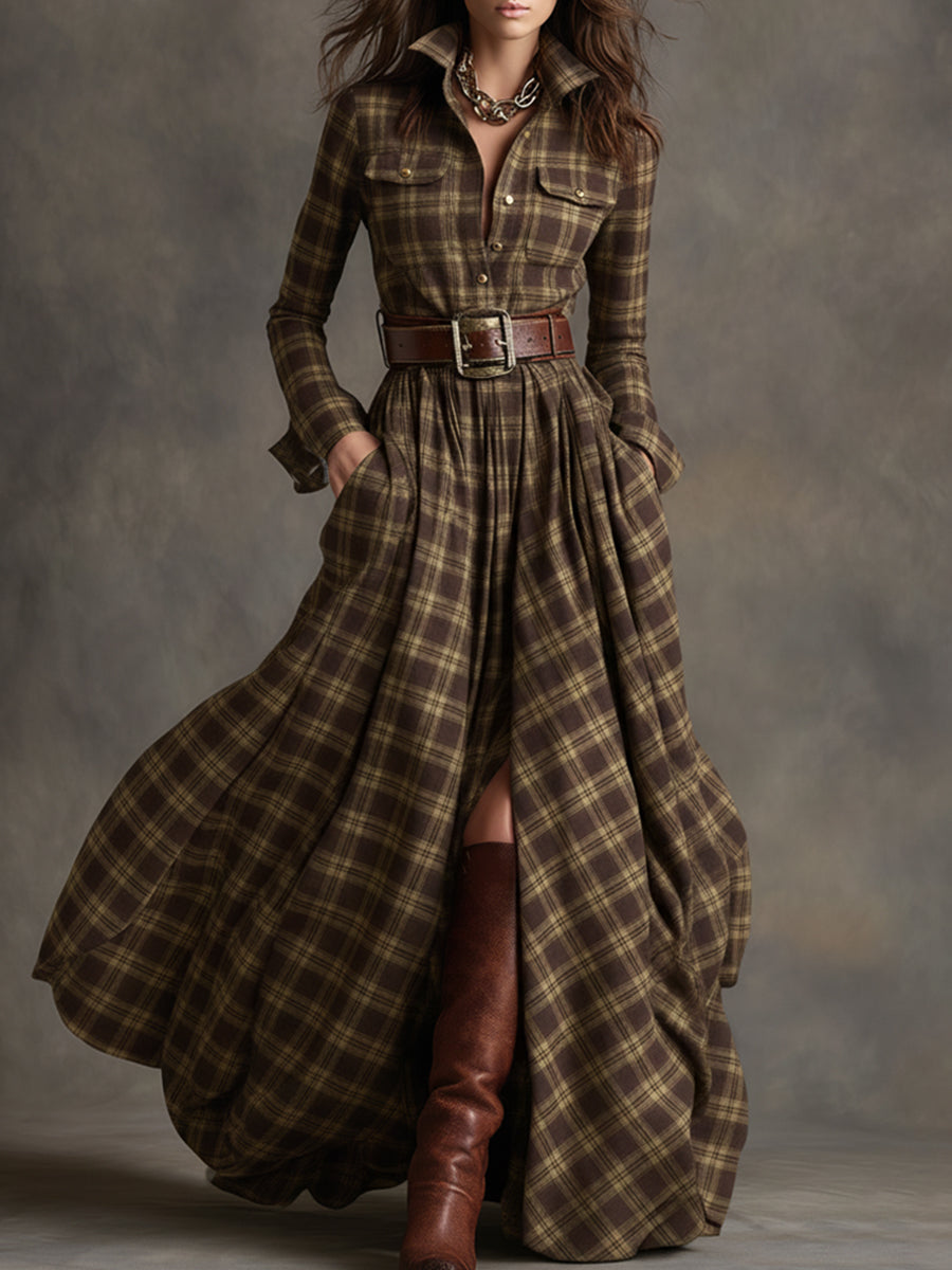 Anke - Maxikleid Western im Retro-Stil aus Leinen kariert mit Kragen