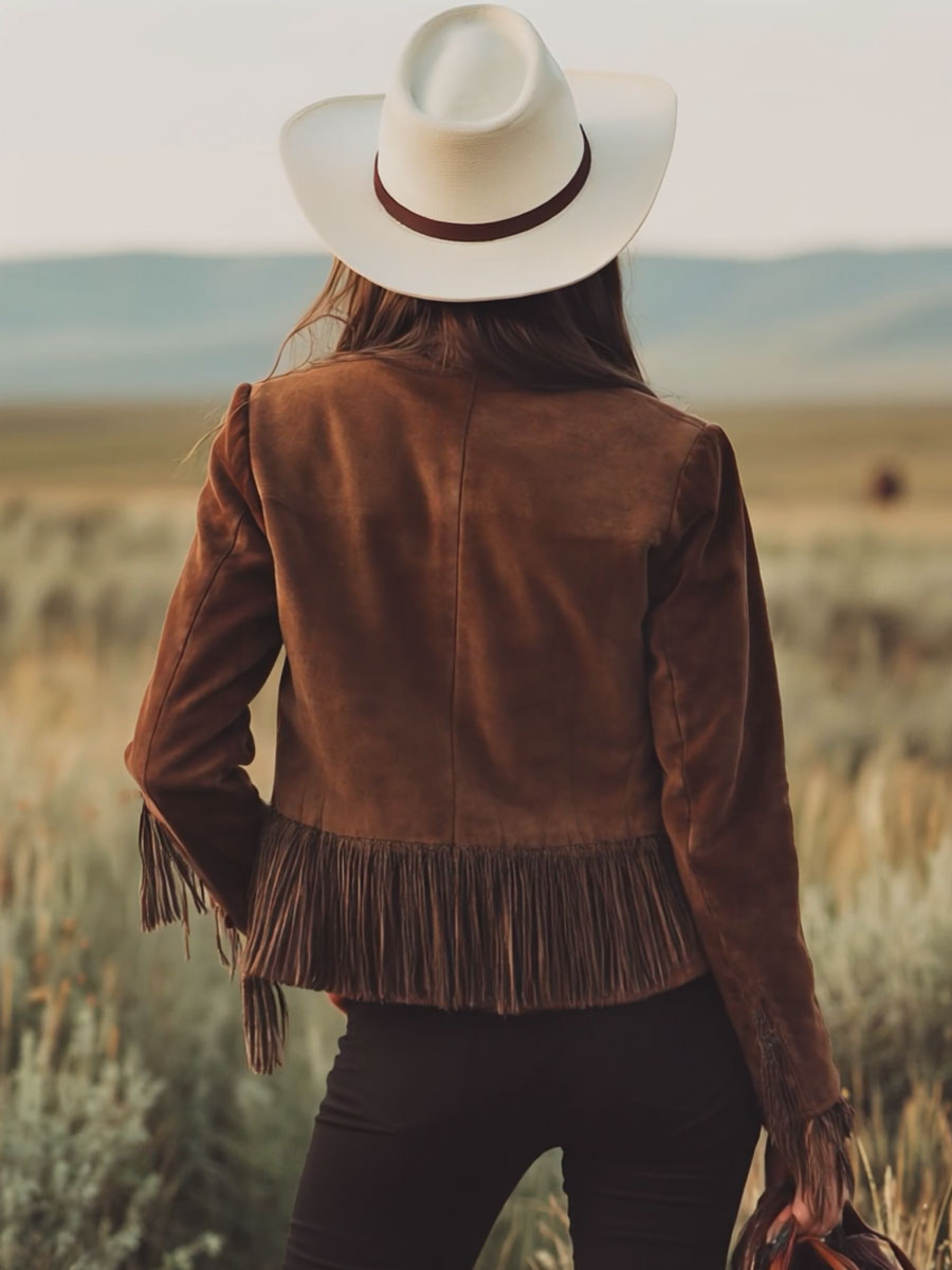 Philippa - Jacke Western im Retro-Stil aus Kunstwildleder mit Reißverschluss und Fransen