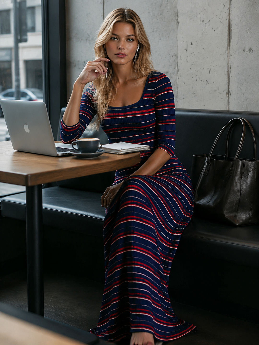 Hilda - Maxikleid Retro Boho aus Strick gestreift mit Kragen