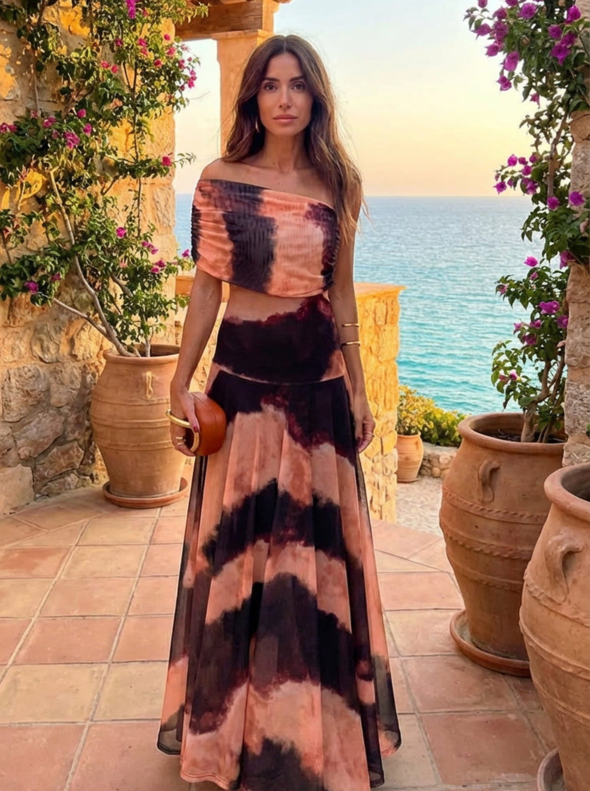 Helena - Kleid mit orange braunem Print