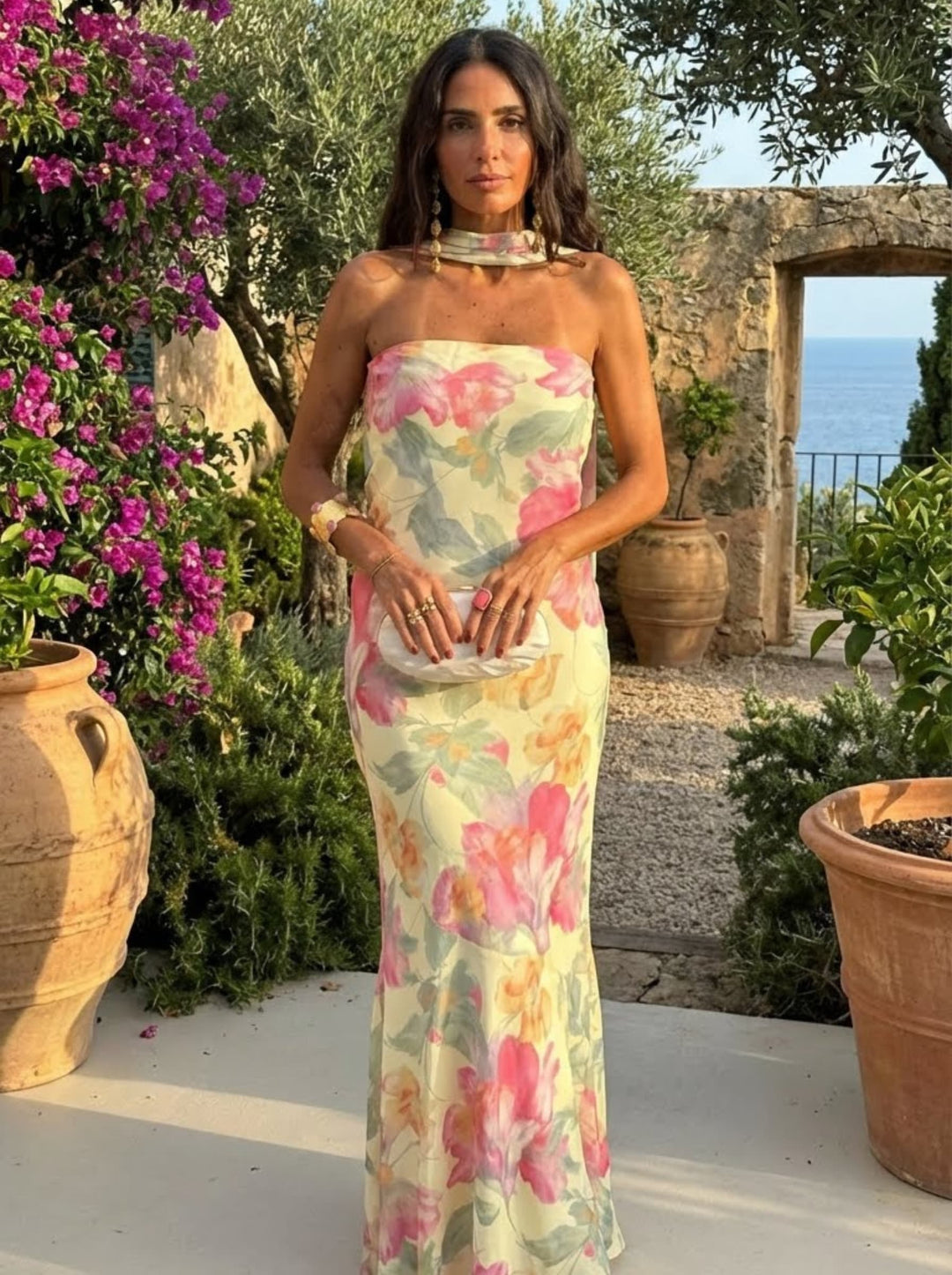 Ella - Strapless Maxikleid mit Aquarellblumen