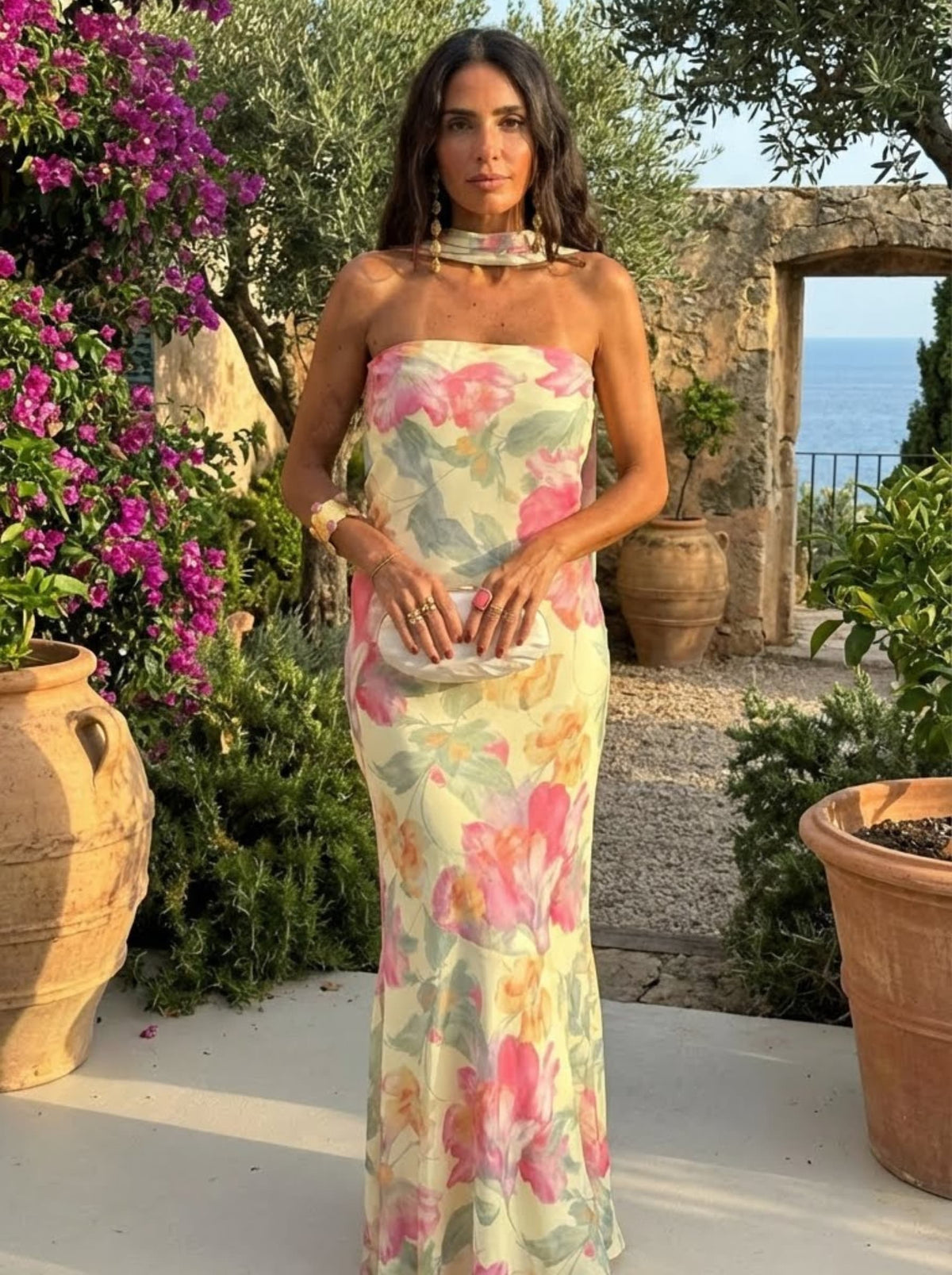 Ella - Strapless Maxikleid mit Aquarellblumen