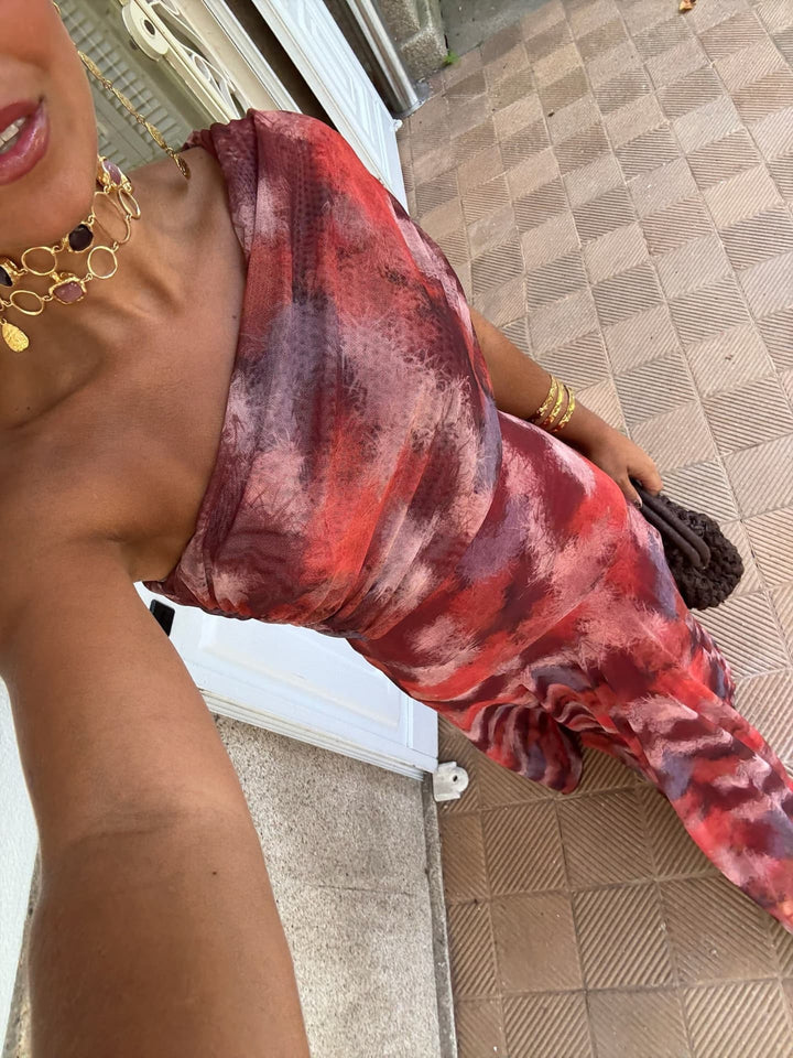 Frieda - Maxikleid mit Aquarellmuster und schulterfreiem Schnitt