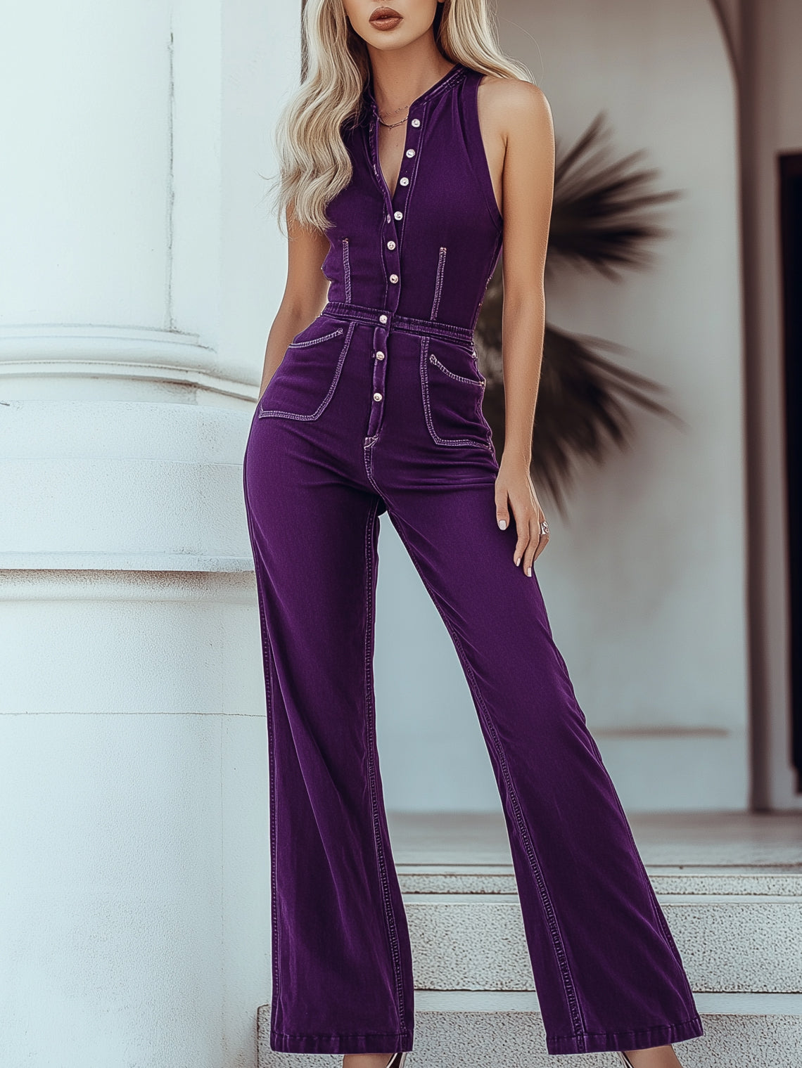 Miriam - Overall Retro für besondere Abende aus Jeansstoff mit V-Ausschnitt und ärmellosem Schnitt