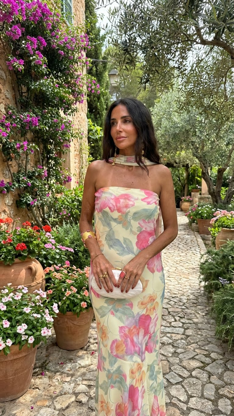 Ella - Strapless Maxikleid mit Aquarellblumen
