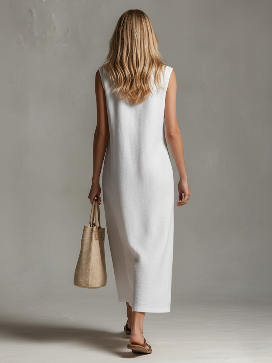 Kira - Midikleid lässig für den Alltag aus Leinen mit Reißverschluss und Kragen ärmellos