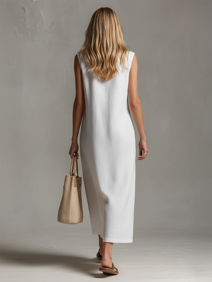 Kira - Midikleid lässig für den Alltag aus Leinen mit Reißverschluss und Kragen ärmellos