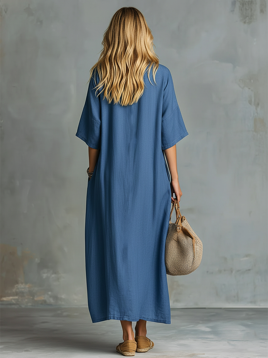 Marlena - Maxikleid Retro für den Alltag aus Jeansstoff mit V-Ausschnitt