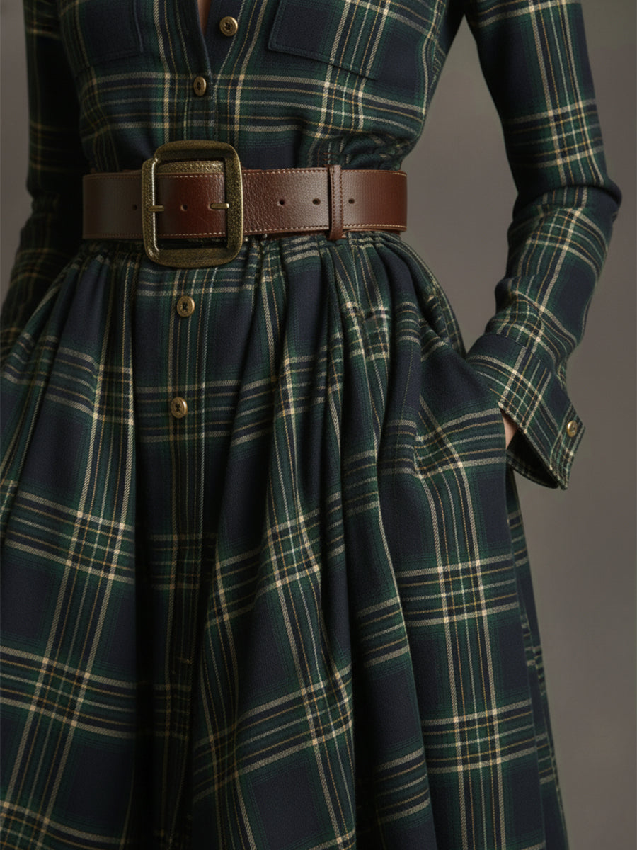 Anke - Maxikleid Western im Retro-Stil aus Leinen kariert mit Kragen