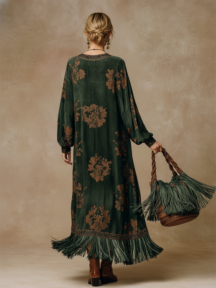 Martina - Maxikleid Retro für den Alltag aus Kunstwildleder Blumenmuster mit Fransen und V-Ausschnitt