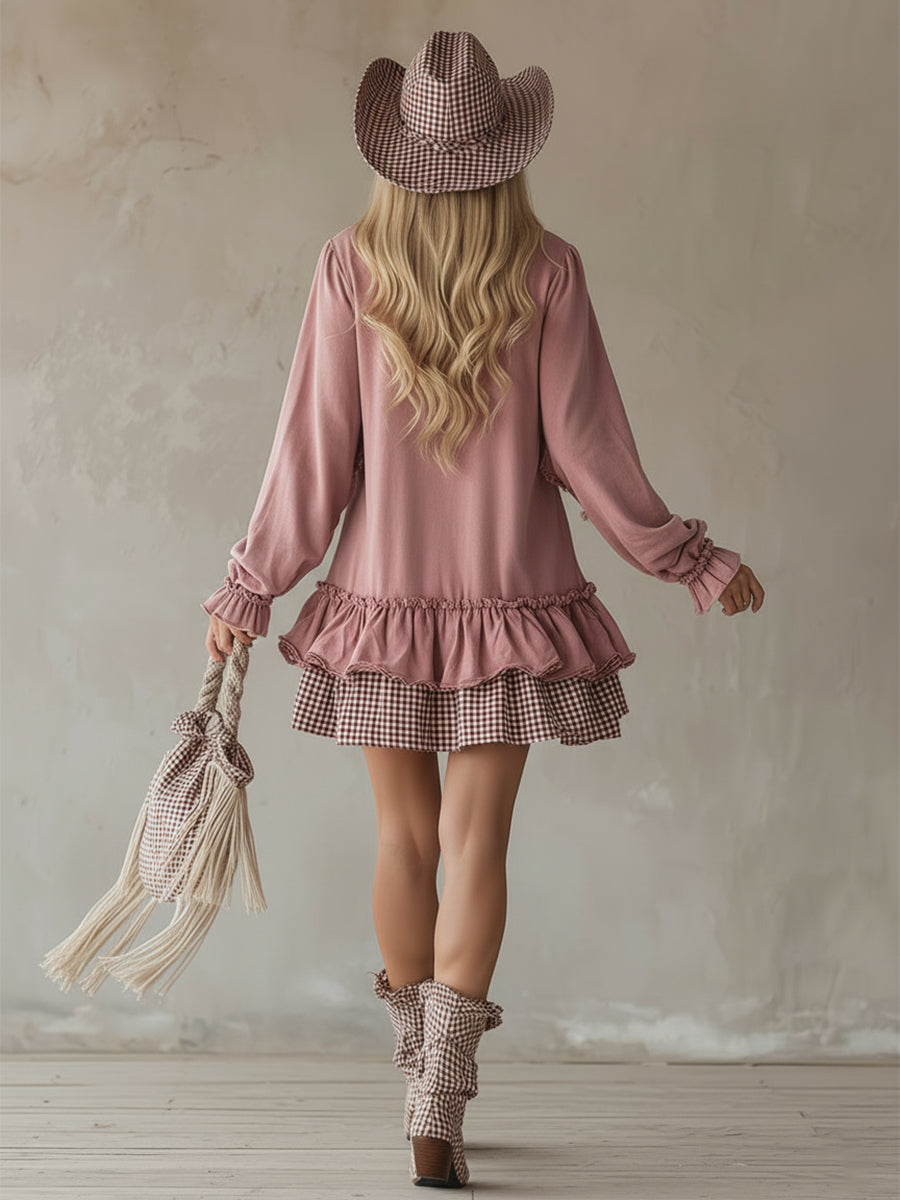 Rafaela - Minikleid sportlich im Retro-Stil aus technischem Gewebe kariert mit Volants und V-Ausschnitt