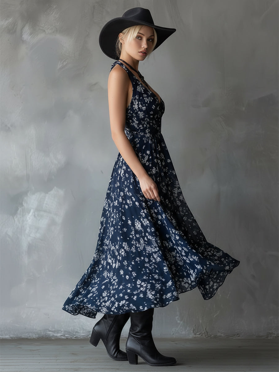 Inga - Maxikleid Western im Retro-Stil aus Chiffon Blumenmuster ärmellos