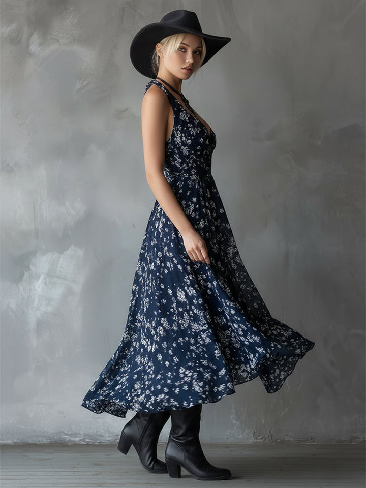 Inga - Maxikleid Western im Retro-Stil aus Chiffon Blumenmuster ärmellos