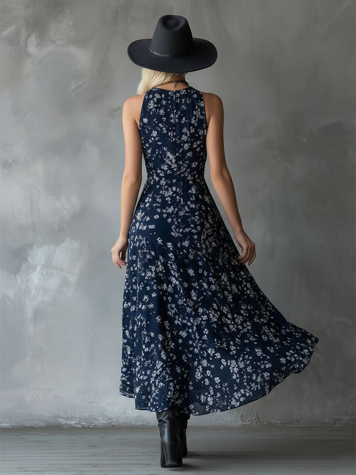 Inga - Maxikleid Western im Retro-Stil aus Chiffon Blumenmuster ärmellos
