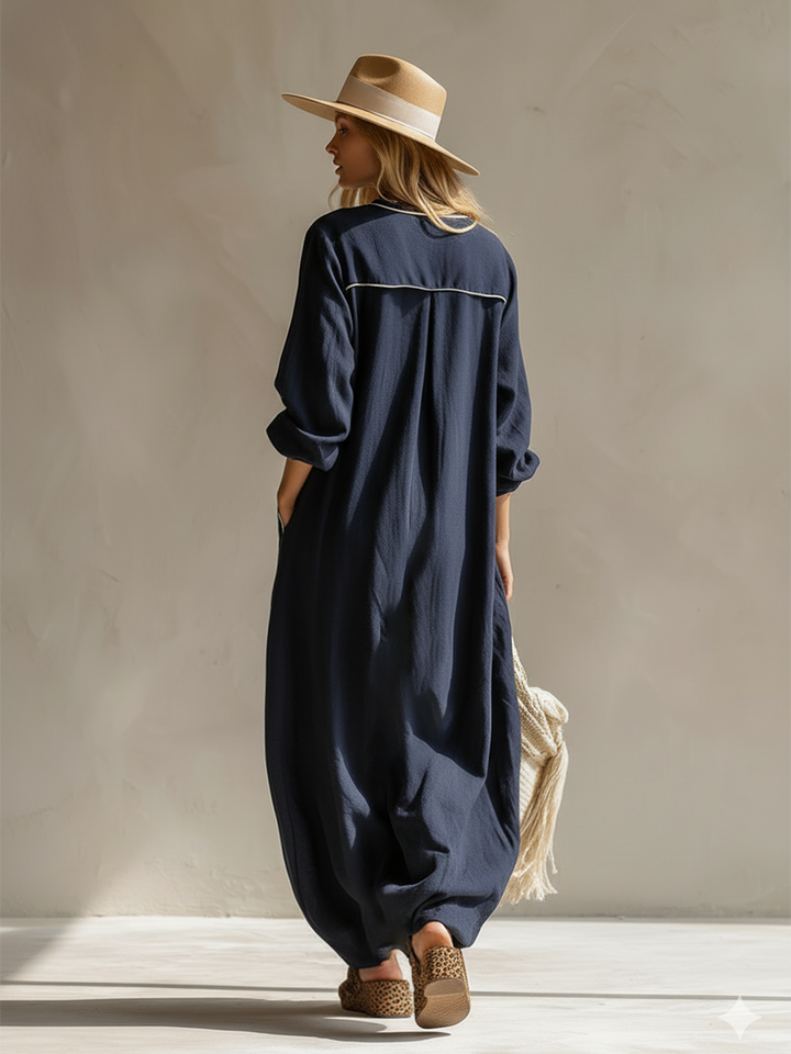 Claudia - Elegantes Maxikleid Retro aus Leinen gestreift mit V-Ausschnitt