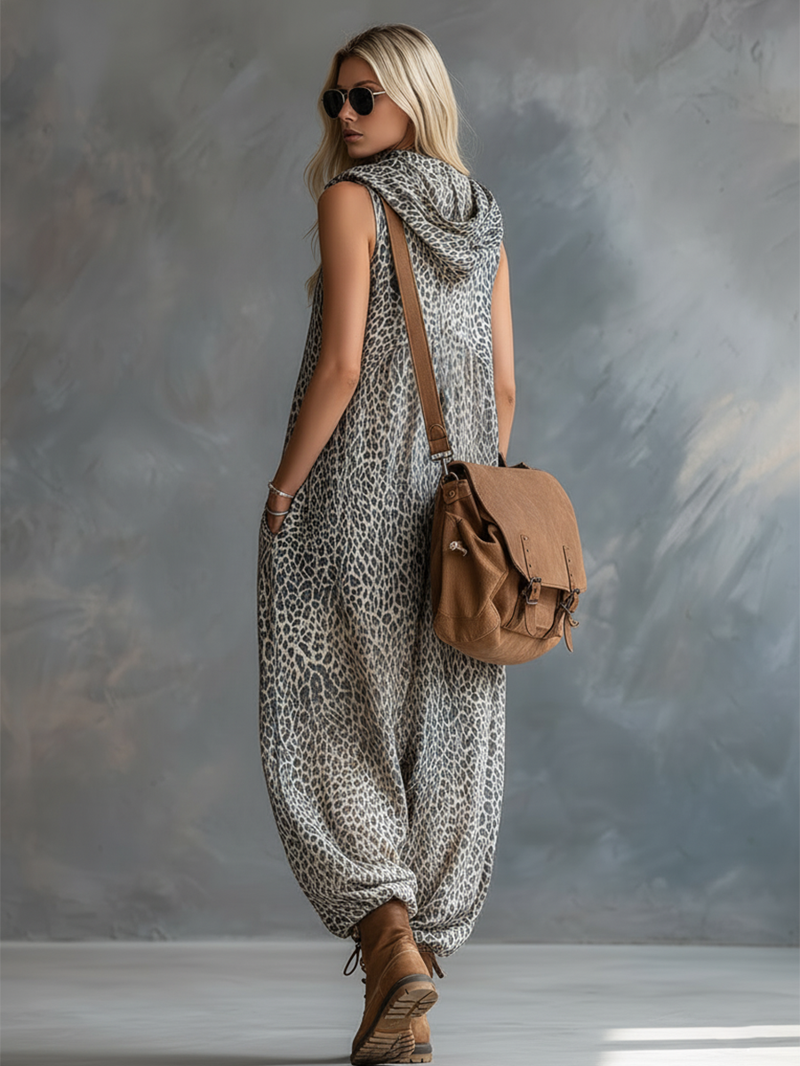Mila - Overall Western für den Alltag aus Chiffon Leopardenmuster mit Kapuze und ärmellosem Schnitt