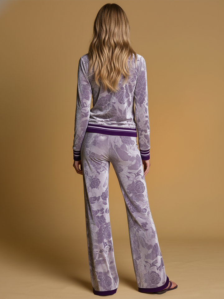Jasmina - Lässiges elegantes Hosen-Ensemble aus Samt Blumenmuster mit V-Ausschnitt