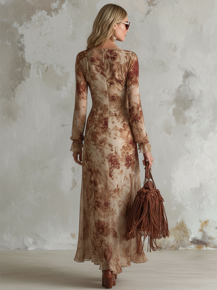 Anna - Maxikleid Western im Retro-Stil aus Chiffon Blumenmuster mit Volants und V-Ausschnitt