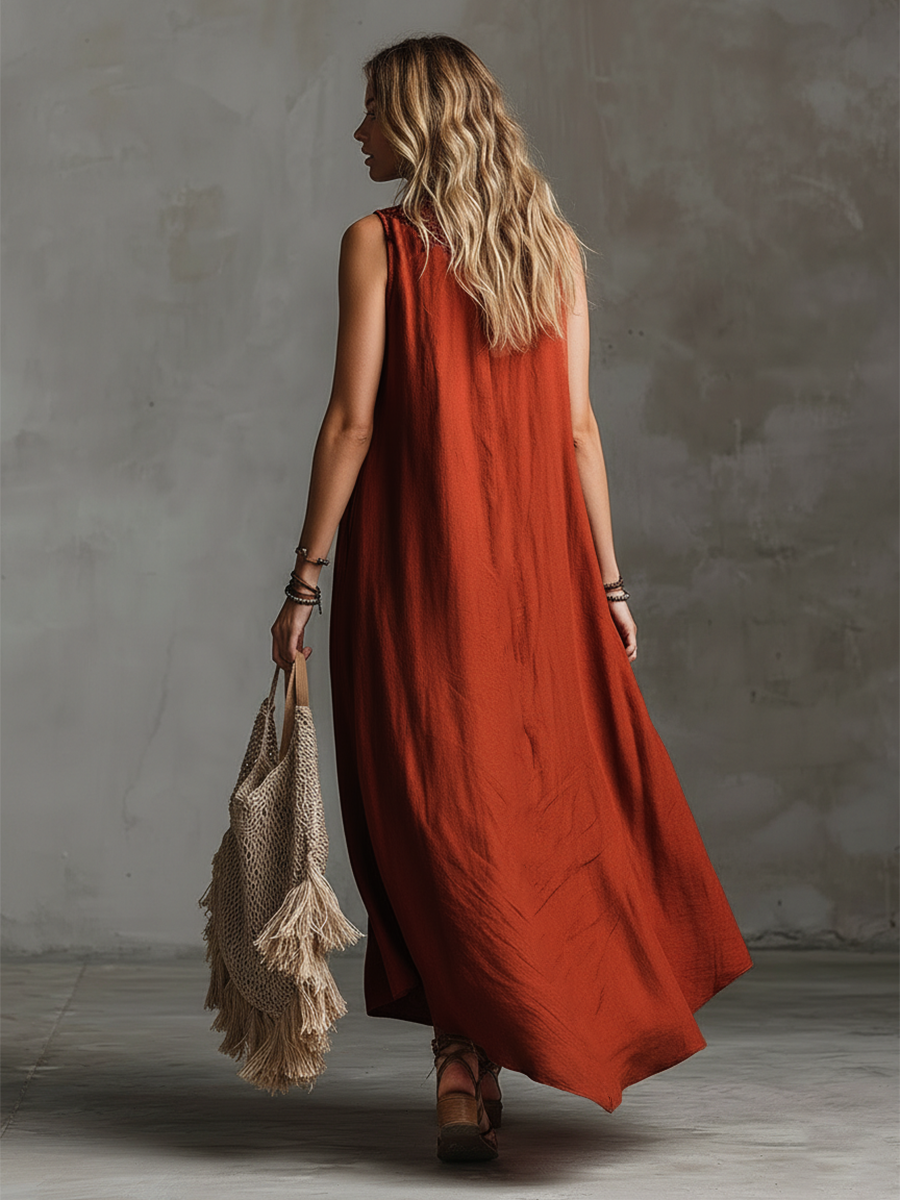 Marlies - Maxikleid Western im Retro-Stil aus Leinen mit V-Ausschnitt und Einsätze aus Spitze ärmellos