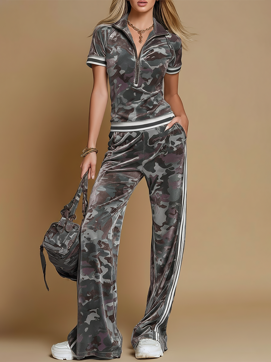 Lilian - Ensemble mit shorts sportlich im Retro-Stil aus Samt gestreift mit Kragen