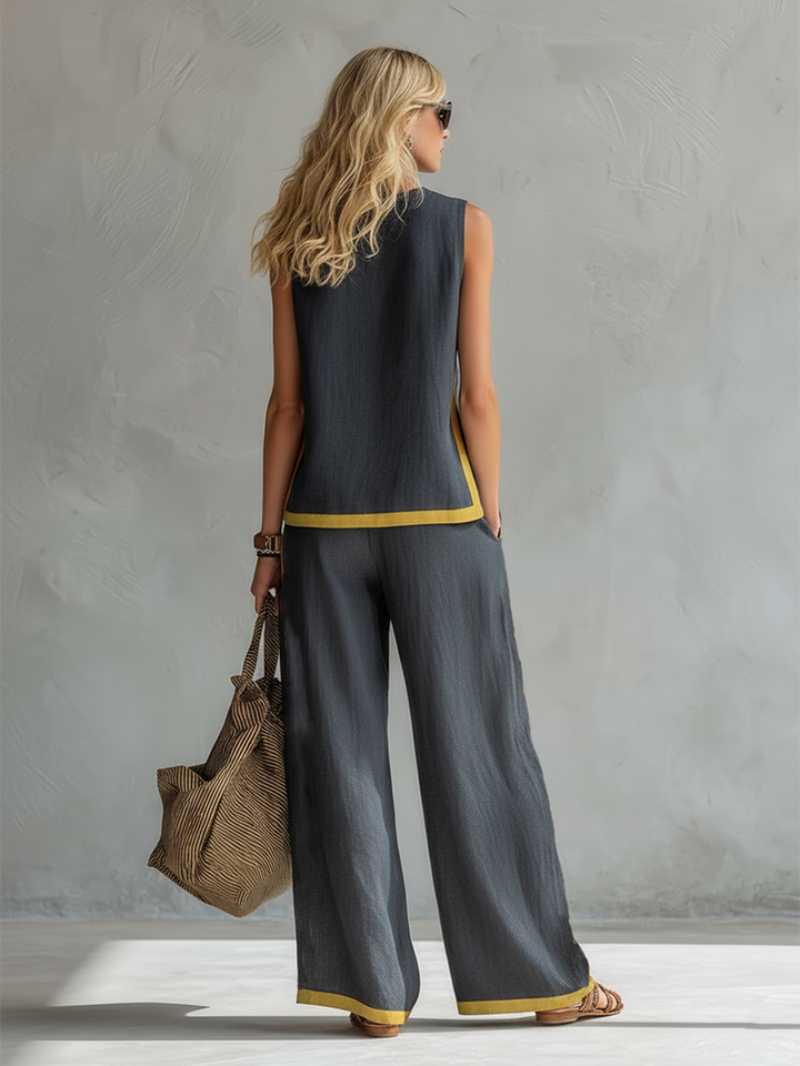 Klara - Lässiges elegantes Hosen-Ensemble aus Leinen gestreift ärmellos