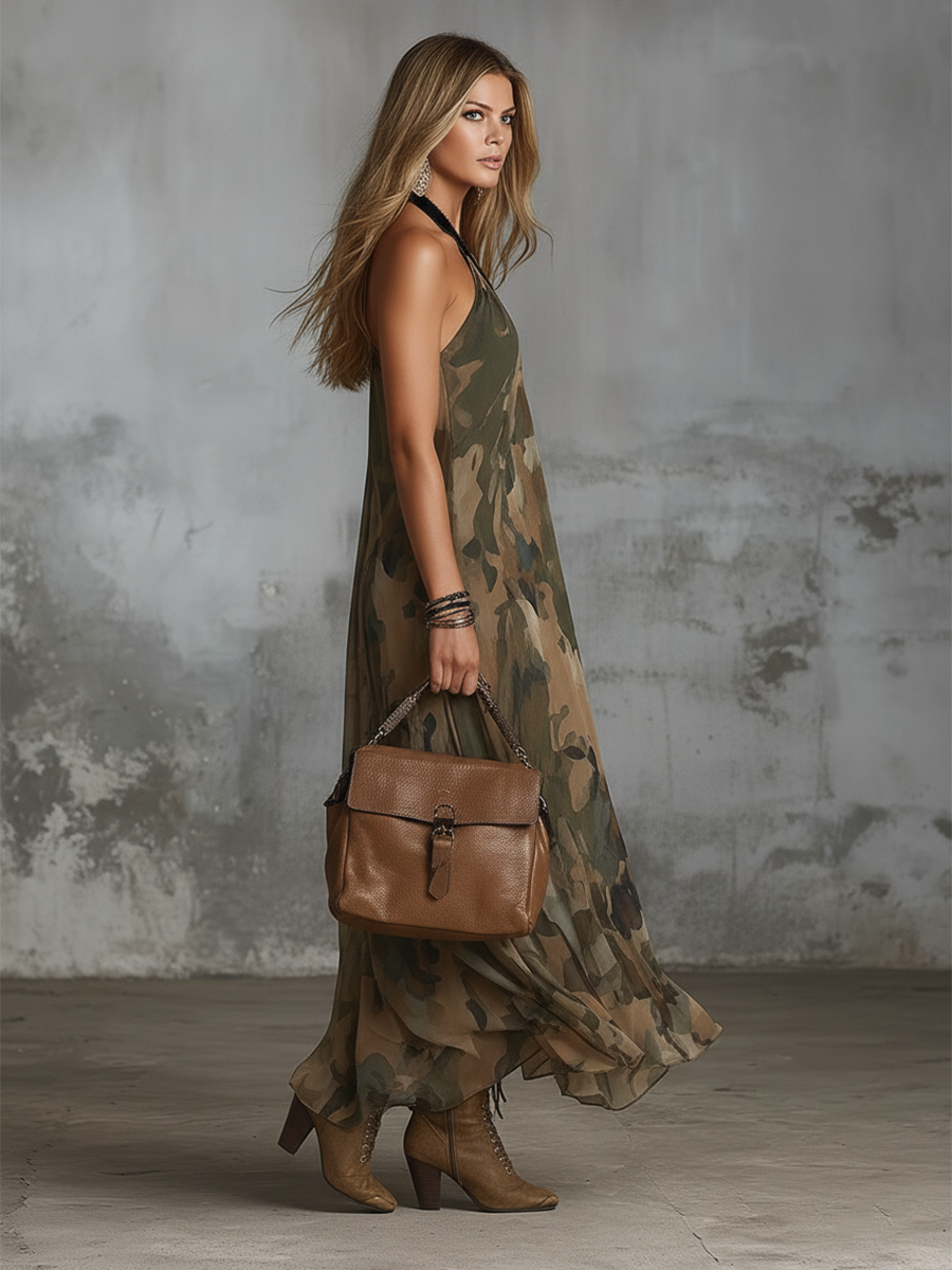 Isabel - Elegantes Maxikleid Western aus Chiffon Camouflage mit V-Ausschnitt und ärmellosem Schnitt