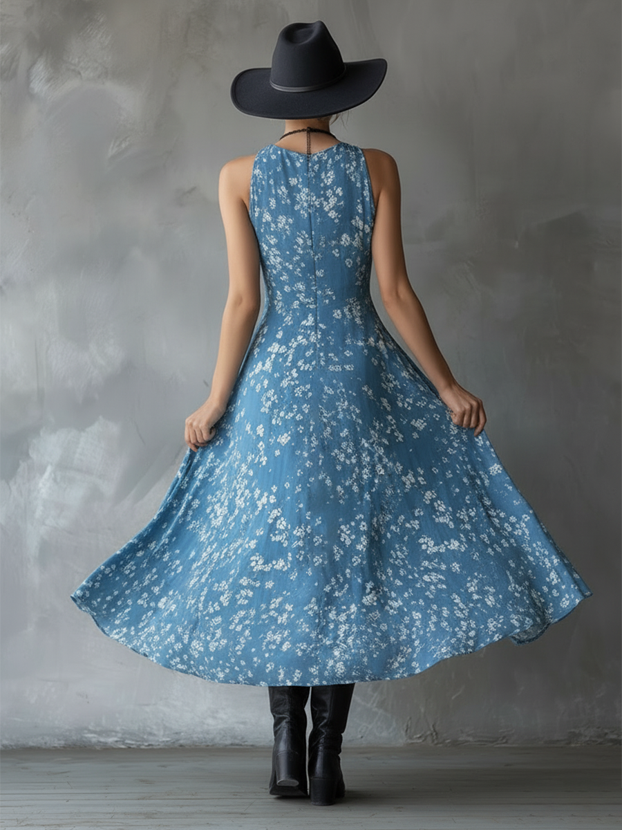 Inga - Maxikleid Western im Retro-Stil aus Chiffon Blumenmuster ärmellos