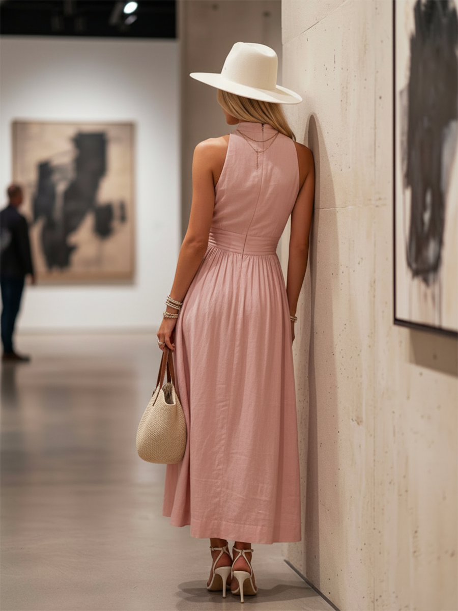 Sonja - Elegantes Maxikleid Western aus Leinen mit V-Ausschnitt und ärmellosem Schnitt