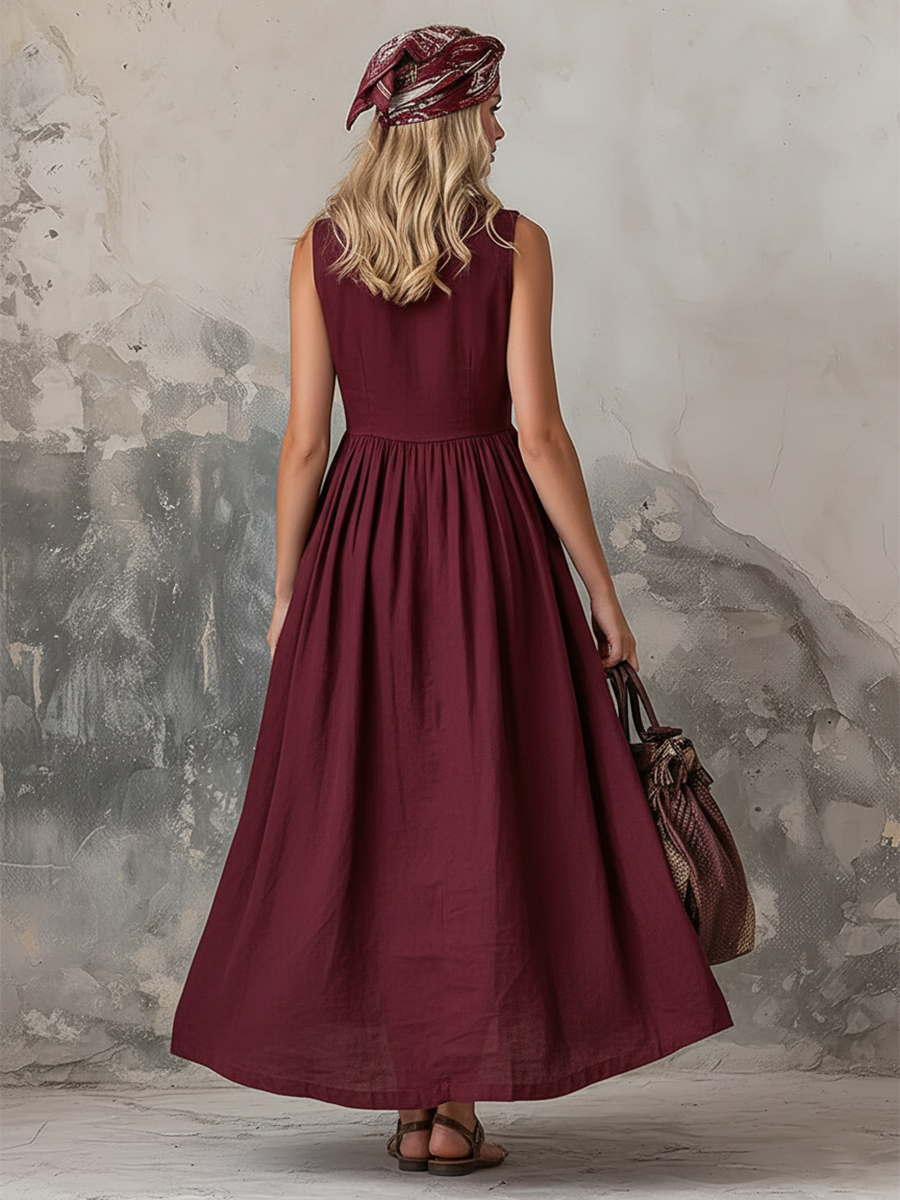 Elena - Elegantes Maxikleid sportlich aus Leinen mit V-Ausschnitt und ärmellosem Schnitt