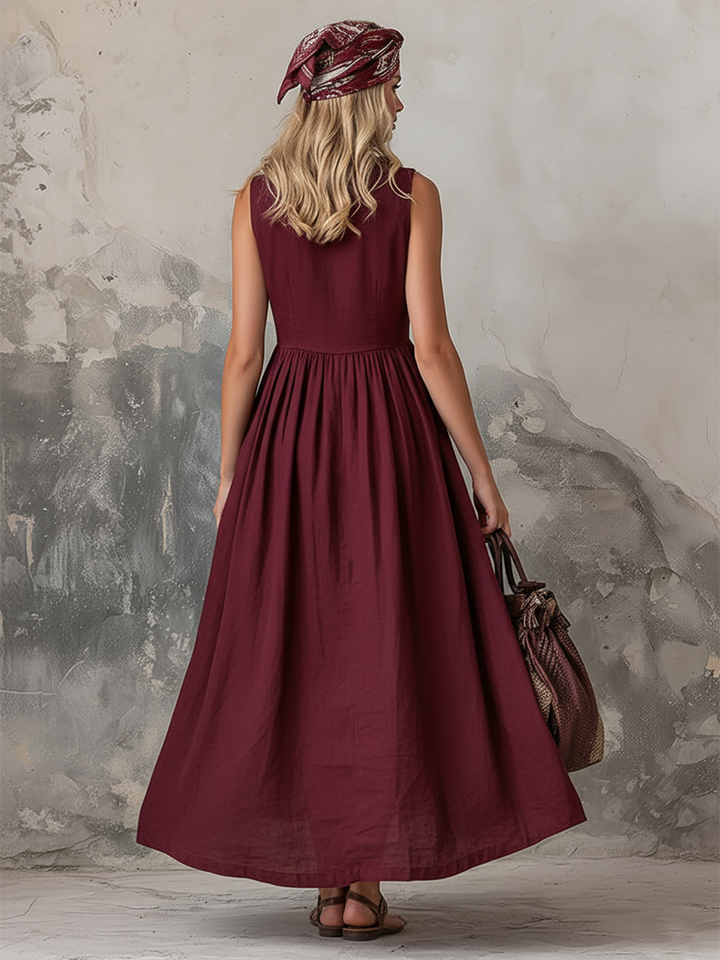 Elena - Elegantes Maxikleid sportlich aus Leinen mit V-Ausschnitt und ärmellosem Schnitt