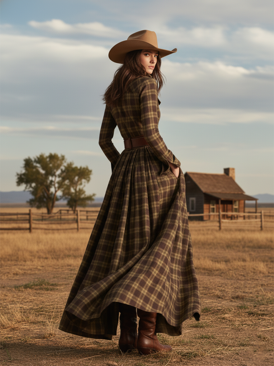 Anke - Maxikleid Western im Retro-Stil aus Leinen kariert mit Kragen