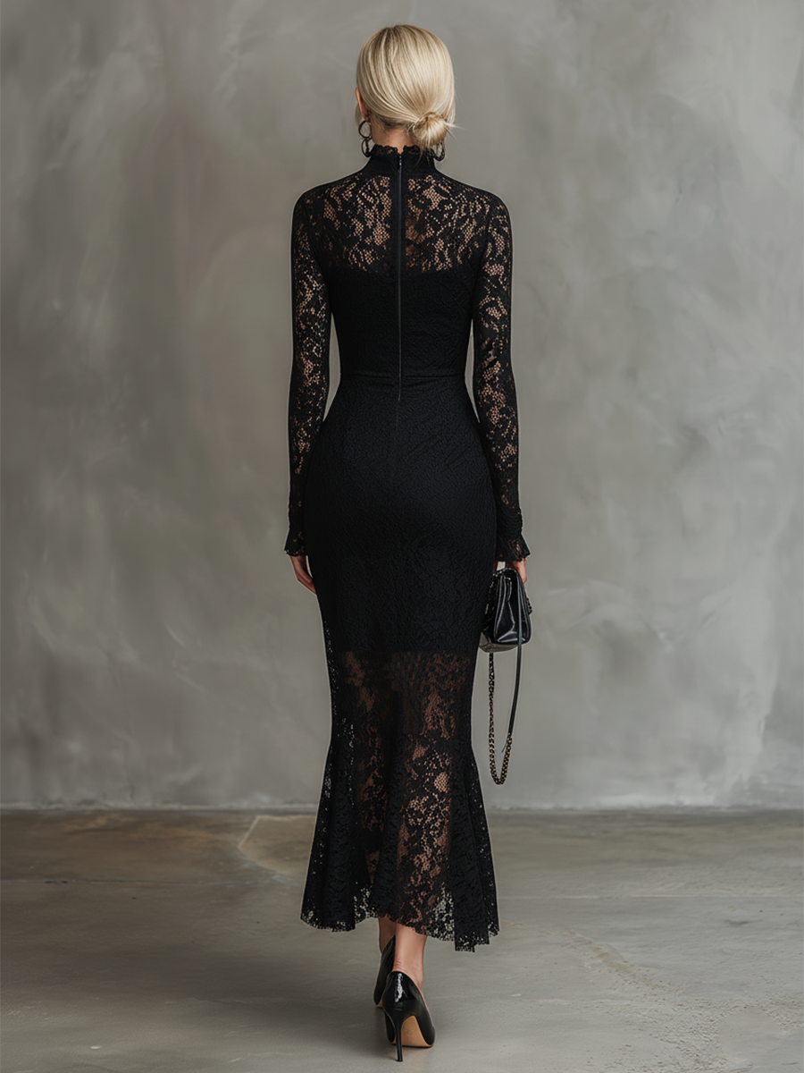 Julia - Elegantes Maxikleid für besondere Abende aus Spitze mit Kragen und Einsätze aus Spitze