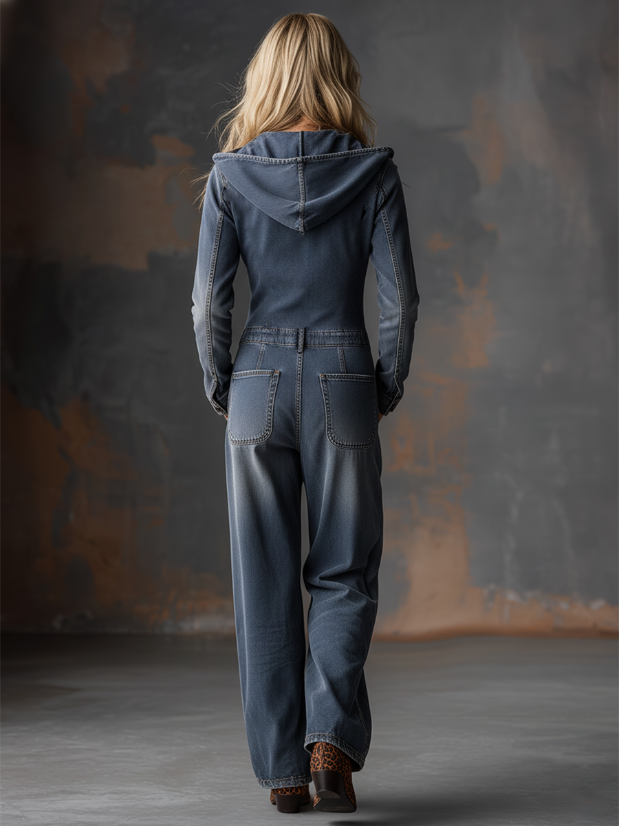 Martina - Overall Western im Retro-Stil aus Jeansstoff mit Reißverschluss und V-Ausschnitt