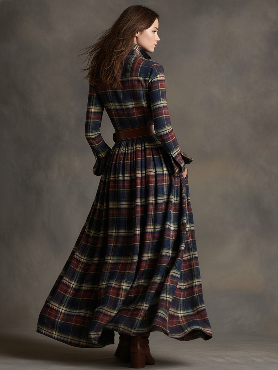Anke - Maxikleid Western im Retro-Stil aus Leinen kariert mit Kragen